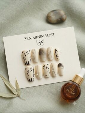 Beige and Black Press-On Nails - Neutral Chic Set